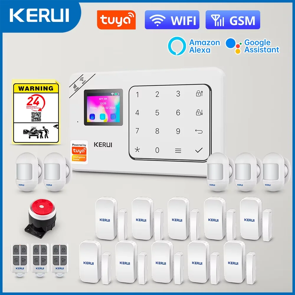 KERUI WiFi GSM Smart Home Alarm Kit Google Assistant Wireless Anti-Theft Alarm System Works with Tuya Security Protection 433mhz