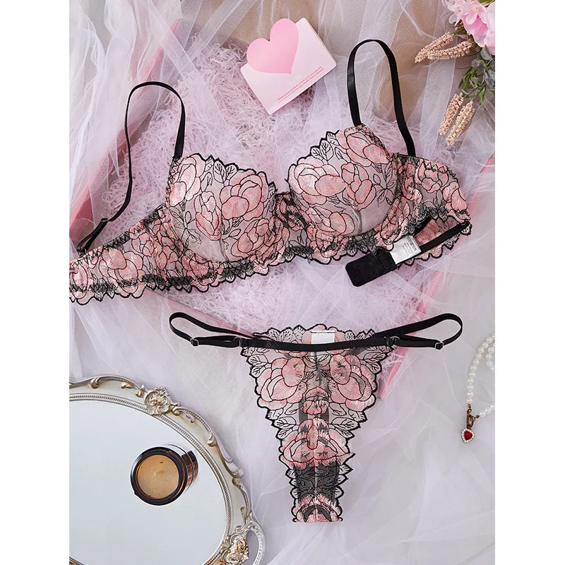 

Women Mesh Sexy Bra Panties Set Embroidery Garter Belt Lingerie Plus Size Floral Lace Underwire See Through Underwear