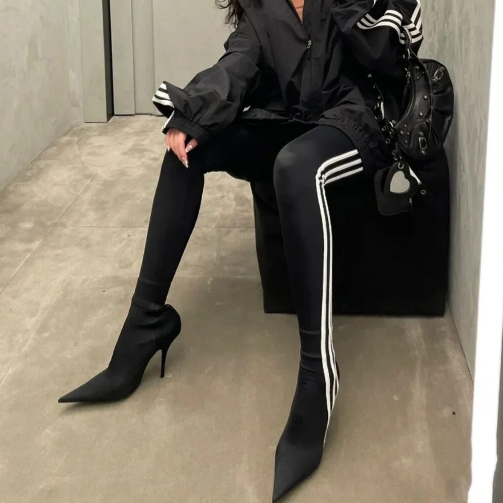 MKKHOU Fashion Over Knee Boots New High Quality Oointy Striped Matching Color High Heel Elastic Boots Modern Pants Shoes