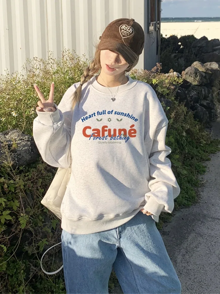 Sweater Plush Cetak Huruf Amerika Wanita Musim Gugur 2025 Baru Oversize Lengan Panjang Hoodie Kasual Pullover Y2K Atasan Pakaian Wanita