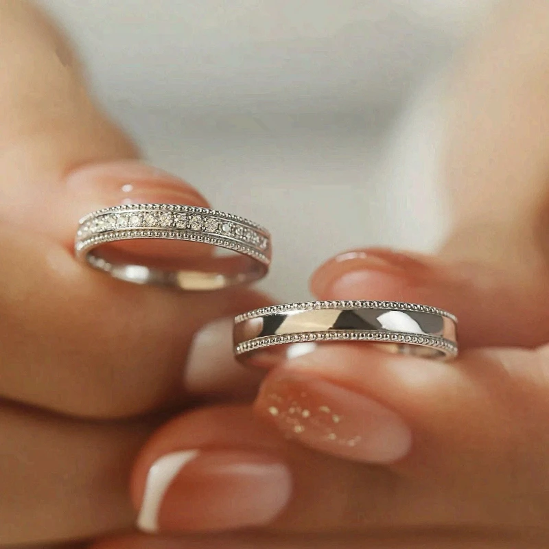 1 Pair Double Zirconia Inlaid Open Couple Rings for Men Women Premium Fashion Creative Comfort Band All-Match Daily Wear