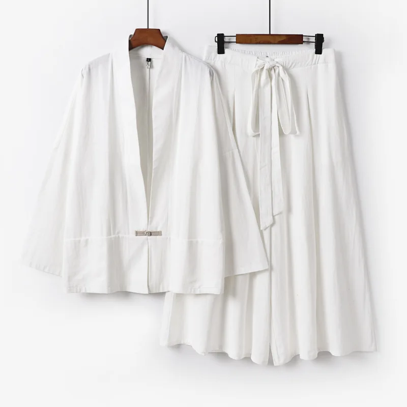 Plus Size 8XL 9XL Men Japanese Kimono Cardigan Pants Set Harajuku Samurai Costume Cotton Linen Kimono Haori Yukata Loose Jacket