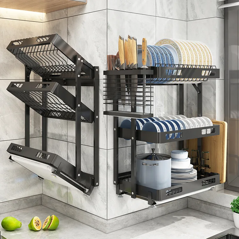 

Dish Drying Rack Wall Mounted Hanging Dish Drainer Organizer Storage Shelf with Drainboard Chopsticks Knife Holder for Kitchen