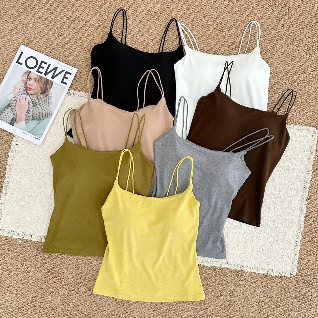 One-Piece Fixed Cup Strap Vest Women's Slimming Base Layer Double Thin Strap Tank Top Inner Wear Regular Length Other Material