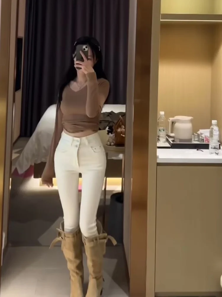 

High Waist Double Bule White Jeans Women's Nine Point Slim Fit Pencil Pants Versatile Cotton Stretch Denim Cleanfit Sle