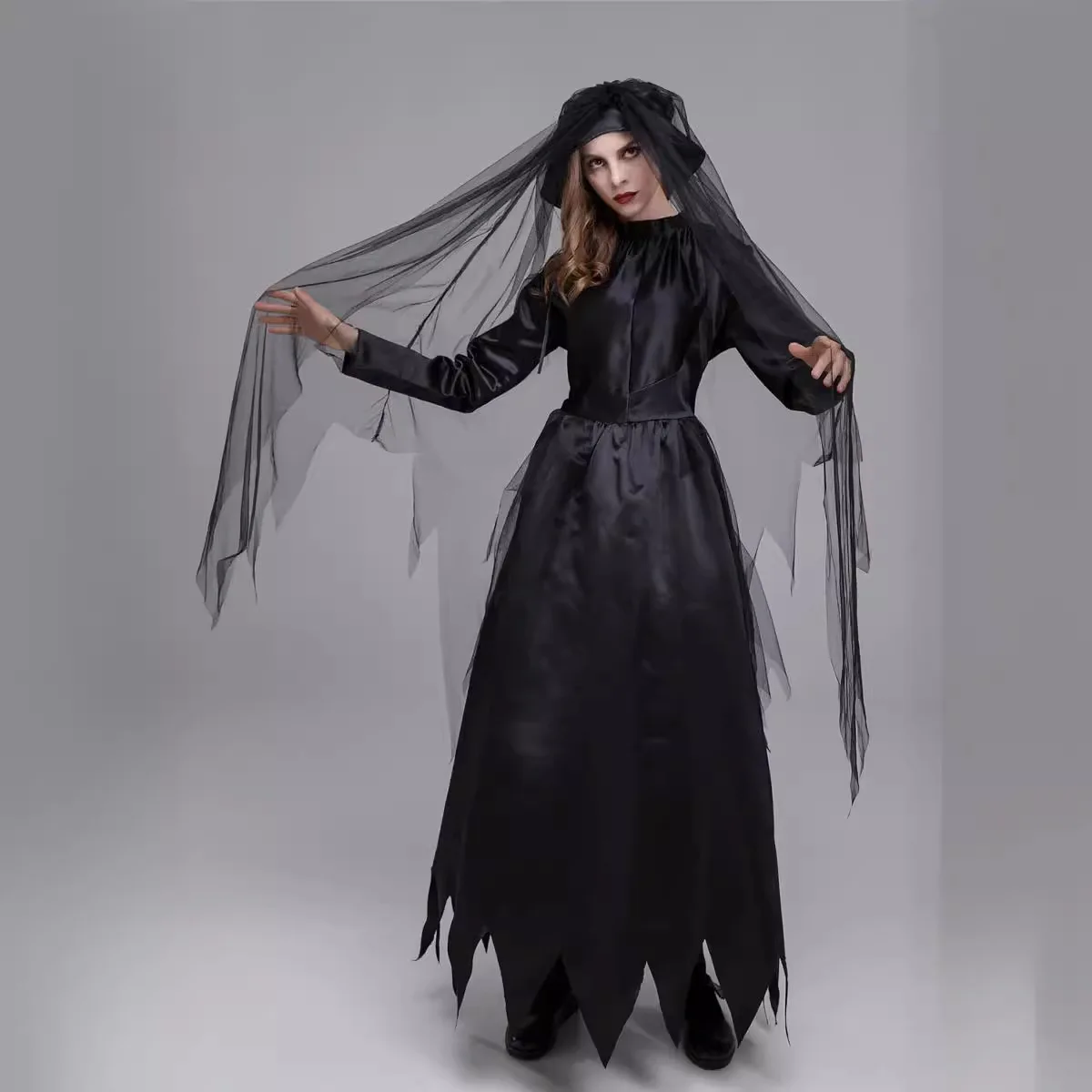 GB10028 Women Halloween Ghost Bride Cosplay Costume Scary Witch Vampire Black Dress