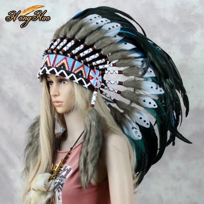 Customized Handmade Big Indian Feather Headdress Replica Made Headpiece Lake Blue Costumes Halloween Party Costume Cosplay