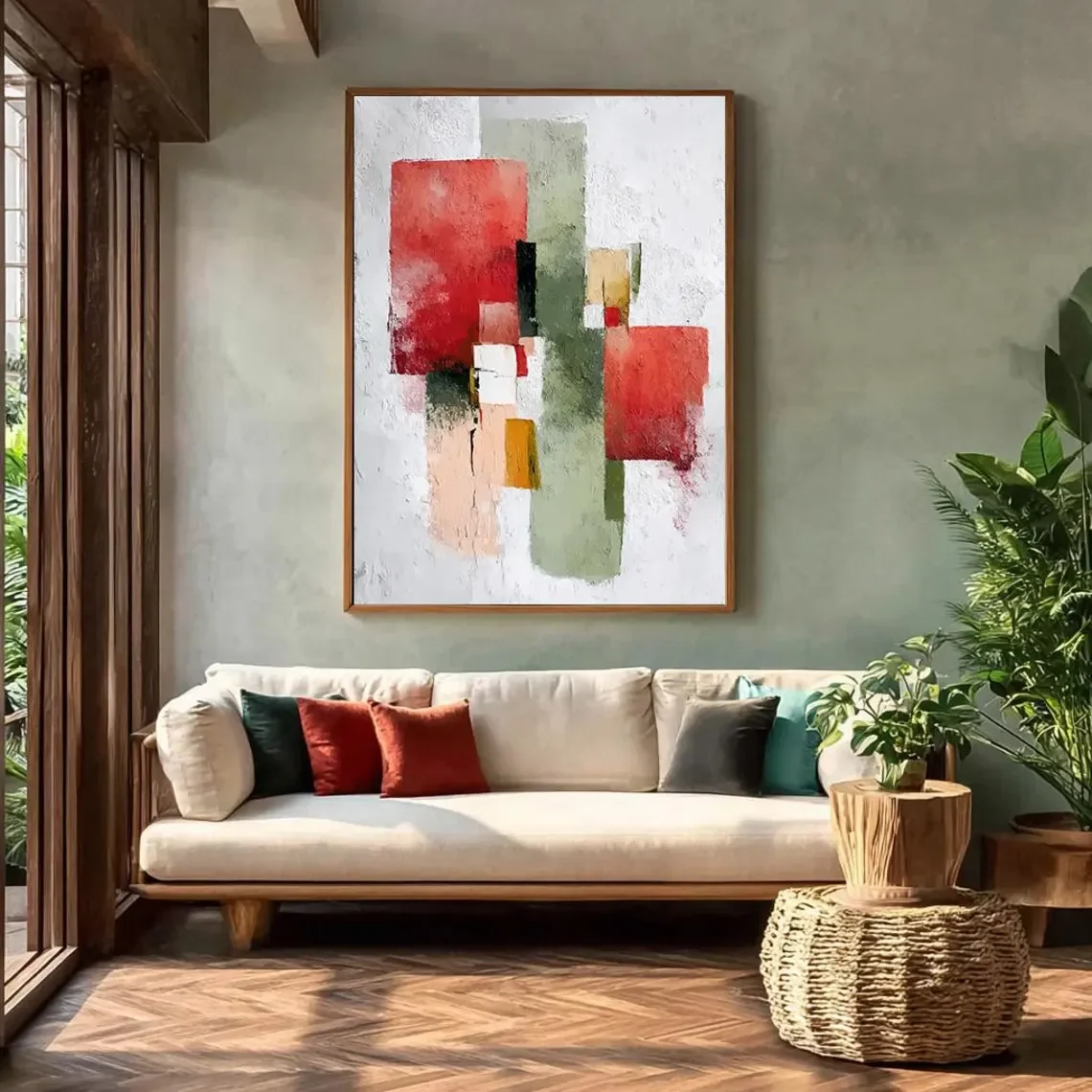 Red & Green Hand-Painted Abstract Painting on Canvas, Textured Wall Art, Minimalist Geometric Painting, Contemporary Art, Living