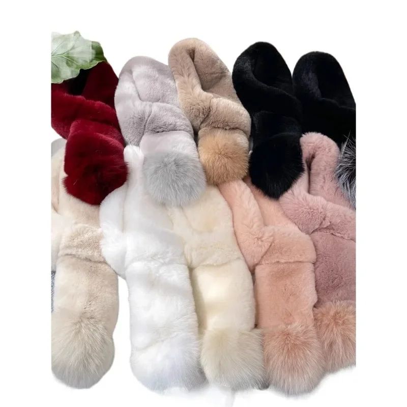 Winter warm Rex rabbit hair double-sided whole leather with fox fur ball fur scarf female real hair scarf