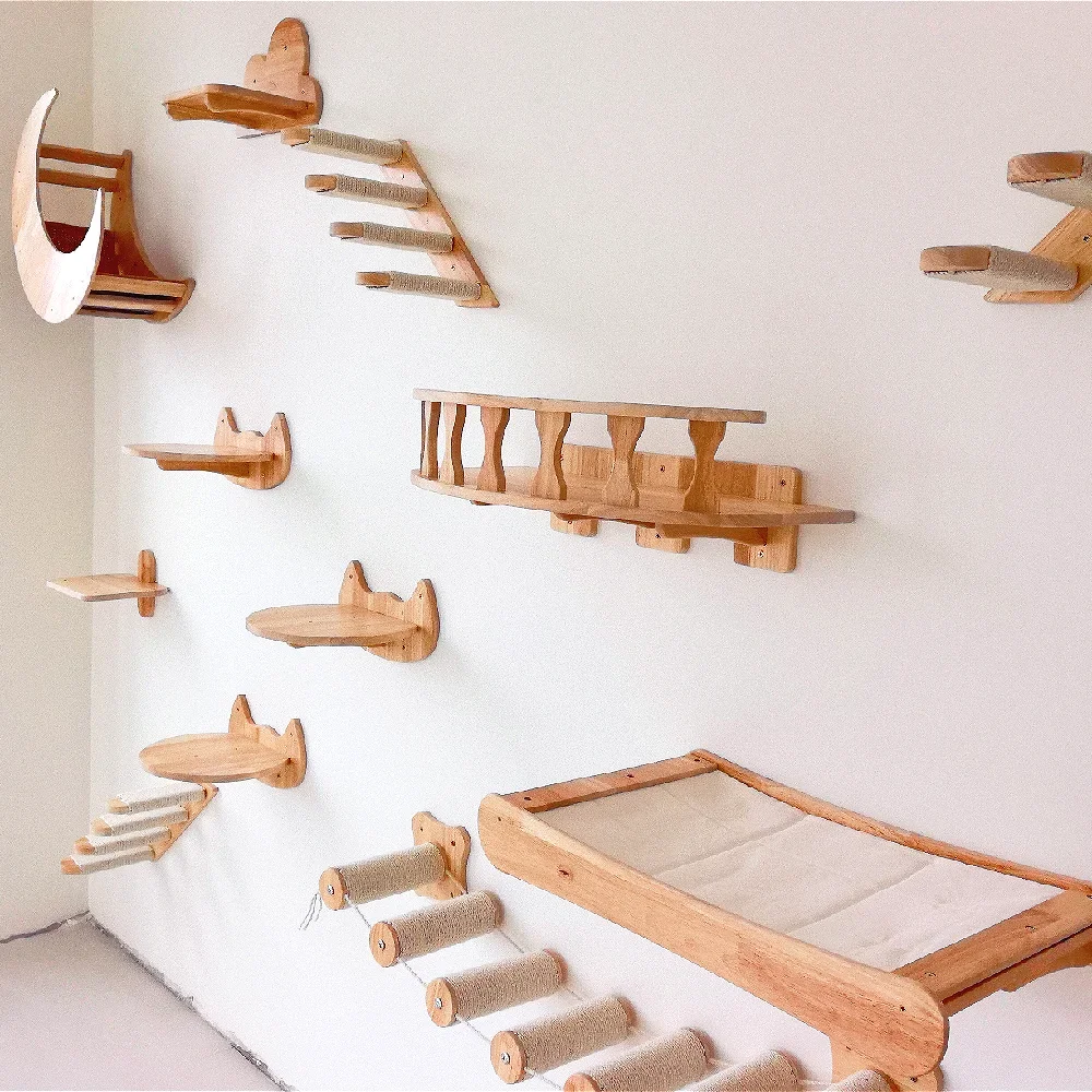

Wall-Mounted Cat Tree Tower Solid Wood Cat Shelves Scratcher Hammock Hiding House Cats Walk and Gym for Kitten Sleep and Play