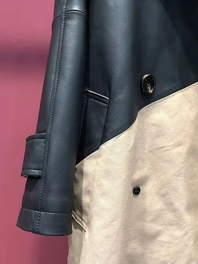 사무실 레이디 우아한 정품 가죽 트렌치 패션 패치 워크 슬림 벨트 더블 브레스트 양피 코트 streetwear 여성 오버 코트