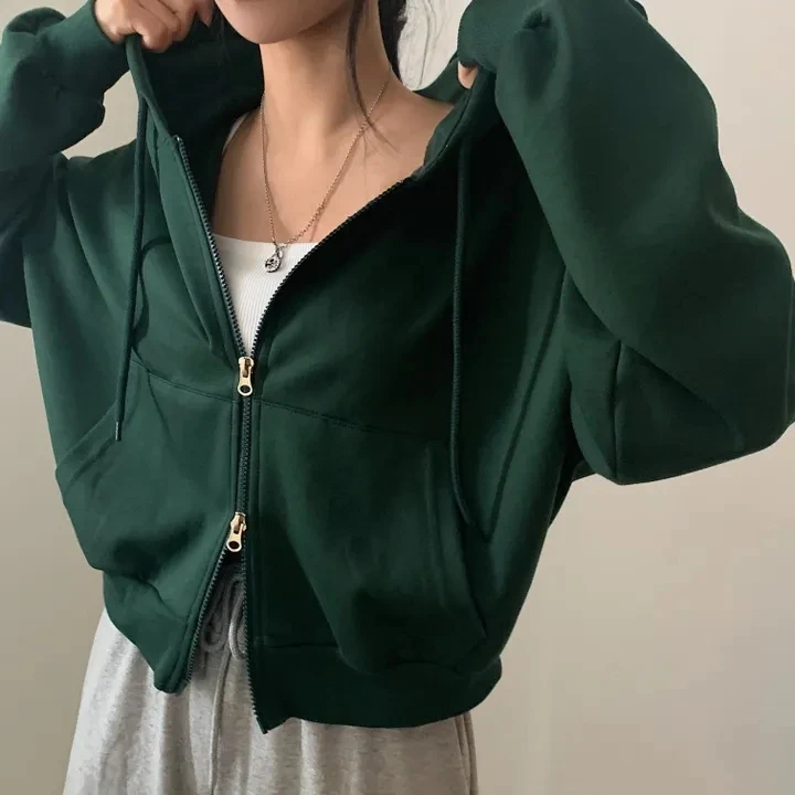 Chic Early Autumn Short Casual Long Sleeve Double Zipper Design Loose Versatile Hoodie Commute Style Pure Color Cotton 100%