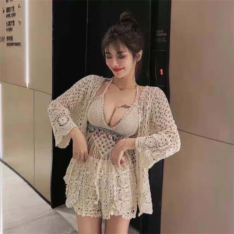 

High-Quali Embroidered Cotton Material Open Cardigan Hollow out Outerwear Women's Sun Protection Top n Sle