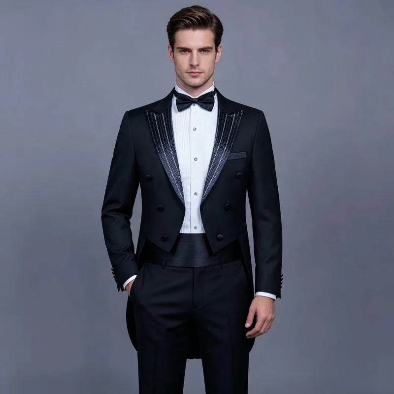 Men's Slim Fit Tailcoat Tuxedo Two-Piece Set Bead Detailing Black/White Singer Chorus Pianist Magician Host Artist Stage Wear