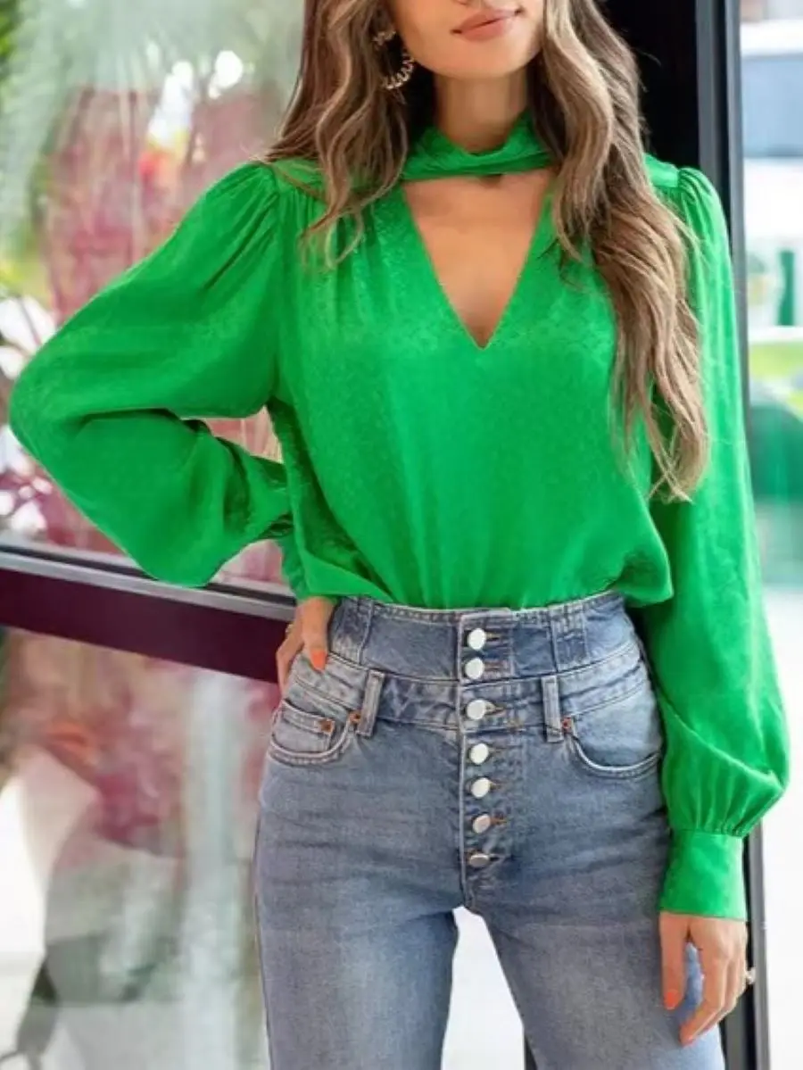 

2-Colors Women Satin Jacquard Blouse Top Stand Collar Long Sleeve Fashion Female Shirt
