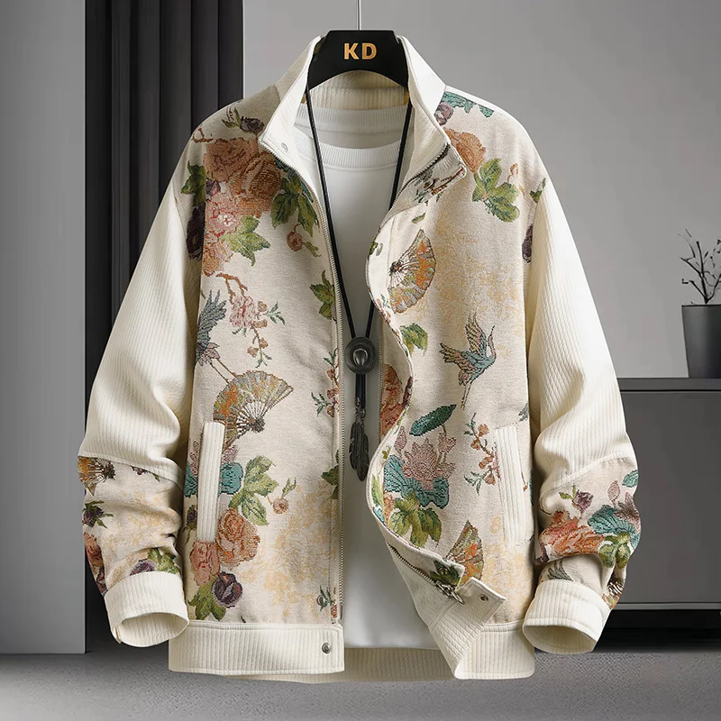 

men's Autumn Winter Vintage Floral Jacket 2025 men stand Collar windproof Coat fashion jackets casual zipper Outerwear male