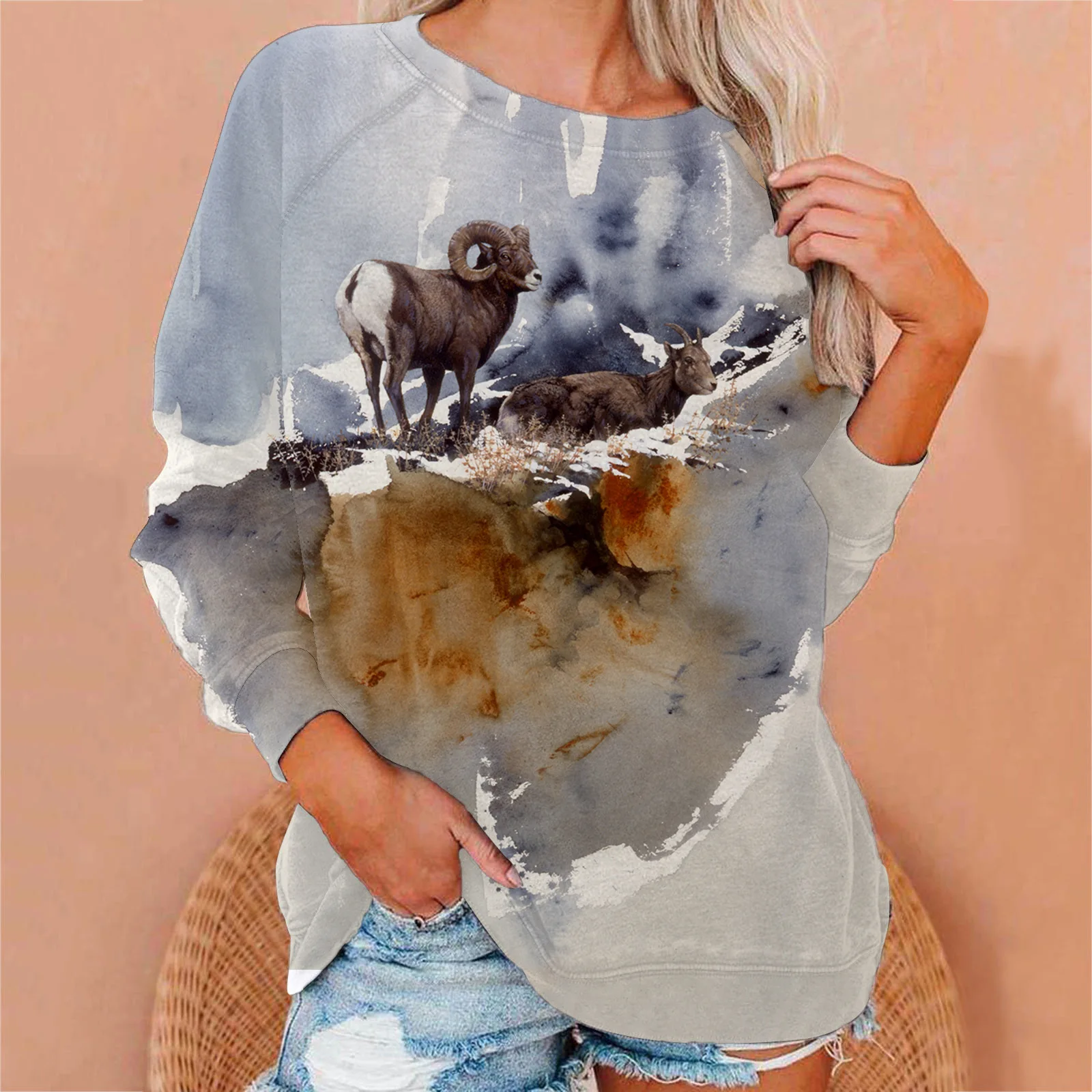 패션 동물 늑대 3D 프린트 스웨트셔츠 여성 래글런 긴 소매 후디 캐주얼 풀오버 하라주쿠 Y2K 탑 여성 의류