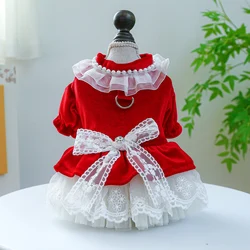 1PC Pet Apparel Dog Spring and Autumn Velvet Wedding Dress Red Princess Dress with Drawstring Buckle For Small Medium Dogs