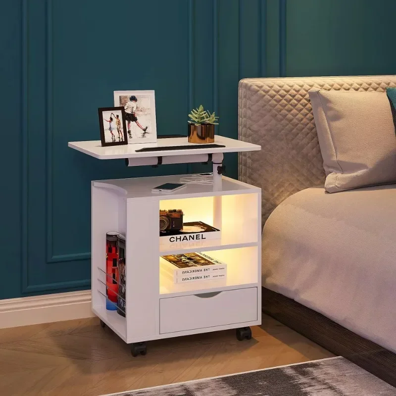 LED nightstand with charging station, swivel top smart nightstand with wheels, modern end side table