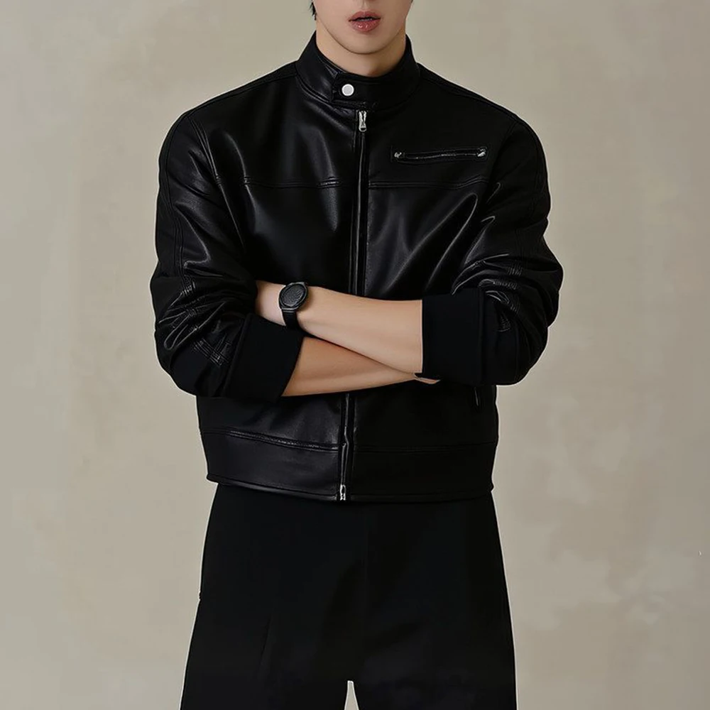 Winter New Men's Solid Color Short Leather Jacket American Retro Fashion Trend High Street Casual Simple Loose Men's Tops