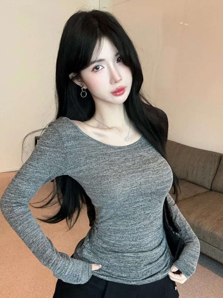 

Sexy Backless Belted Slimming Split Top Casual T-shirt Women's Fashion Simple Match All Autumn Long Sleeve round Neck Tee