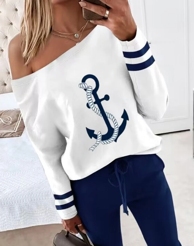 

Women's Fashion Sports Suits 2024 Autumn Winter Latest 2Pcs Anchor Print Striped Sketch Neck Top & Stretchy Waistband Pants Set