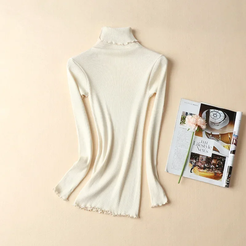 Women's Mulberry Silk Cotton Base Sweater High Elastic Slim Seamless  Long-sleeved Knit Top Turtleneck 70% Silk +30% Cotton image 4