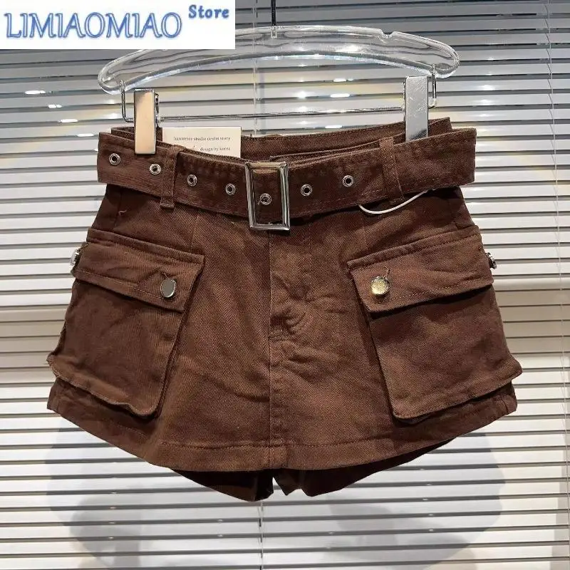 Women Denim Skirt Pants Black Short Trousers Woman Colthing Vintage Belt Vintage Vintage Baggy Trouser Streetwear Chic