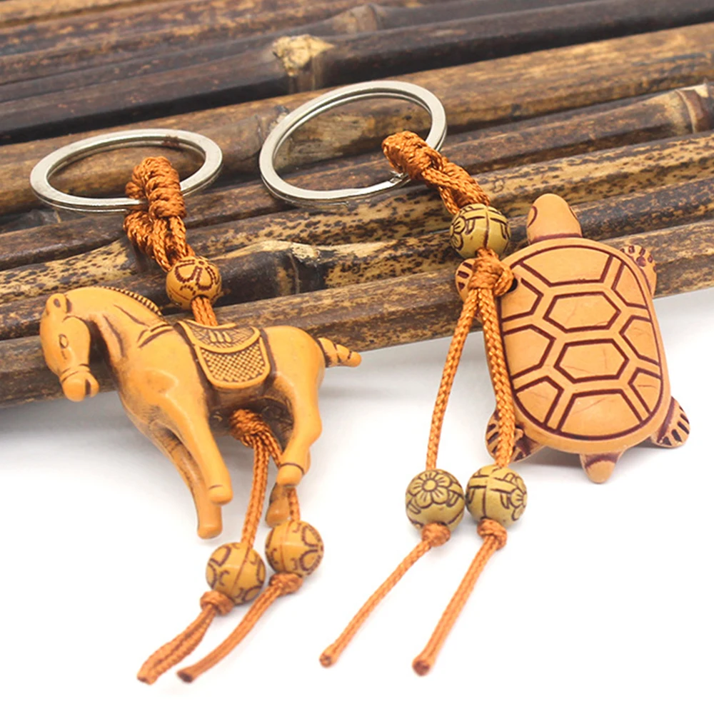 Mini Animal Keychain Creative Resin Tortoise Elephant Horse Statue Key Ring Lucky Amulet Handbag Wallet Charm Fashion Jewellery