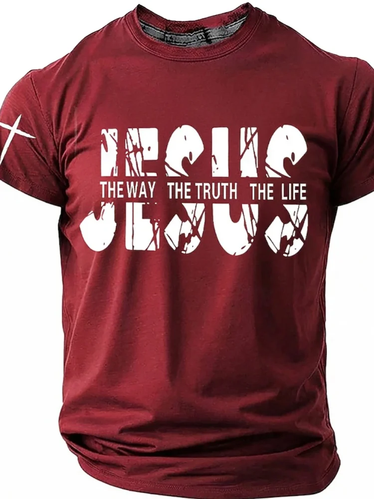 Men's T-Shirt with Jesus Cross Print, Round Neck, Short Sleeve, Casual, Comfortable, Breathable, Loose Fit, Versatile Top.