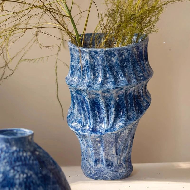 Hand Hammered Ceramic Vase  Chinese Modern Entryway Decor with Asymmetrical Finish Living Room Flower Container