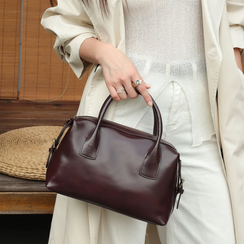 Genuine Leather Woman Bag Casual Tote Handbag Solid Color Female Shoulder Bags Ladies Large Capacity Cowhide Boston Bag Women