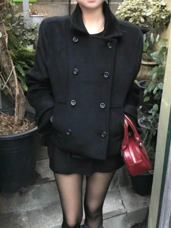 معطف صوفي نسائي بتصميم كوري عتيق مزدوج الصدر، أنيق ومتعدد الاستخدامات، إصدار جديد لفصلي الخريف والشتاء