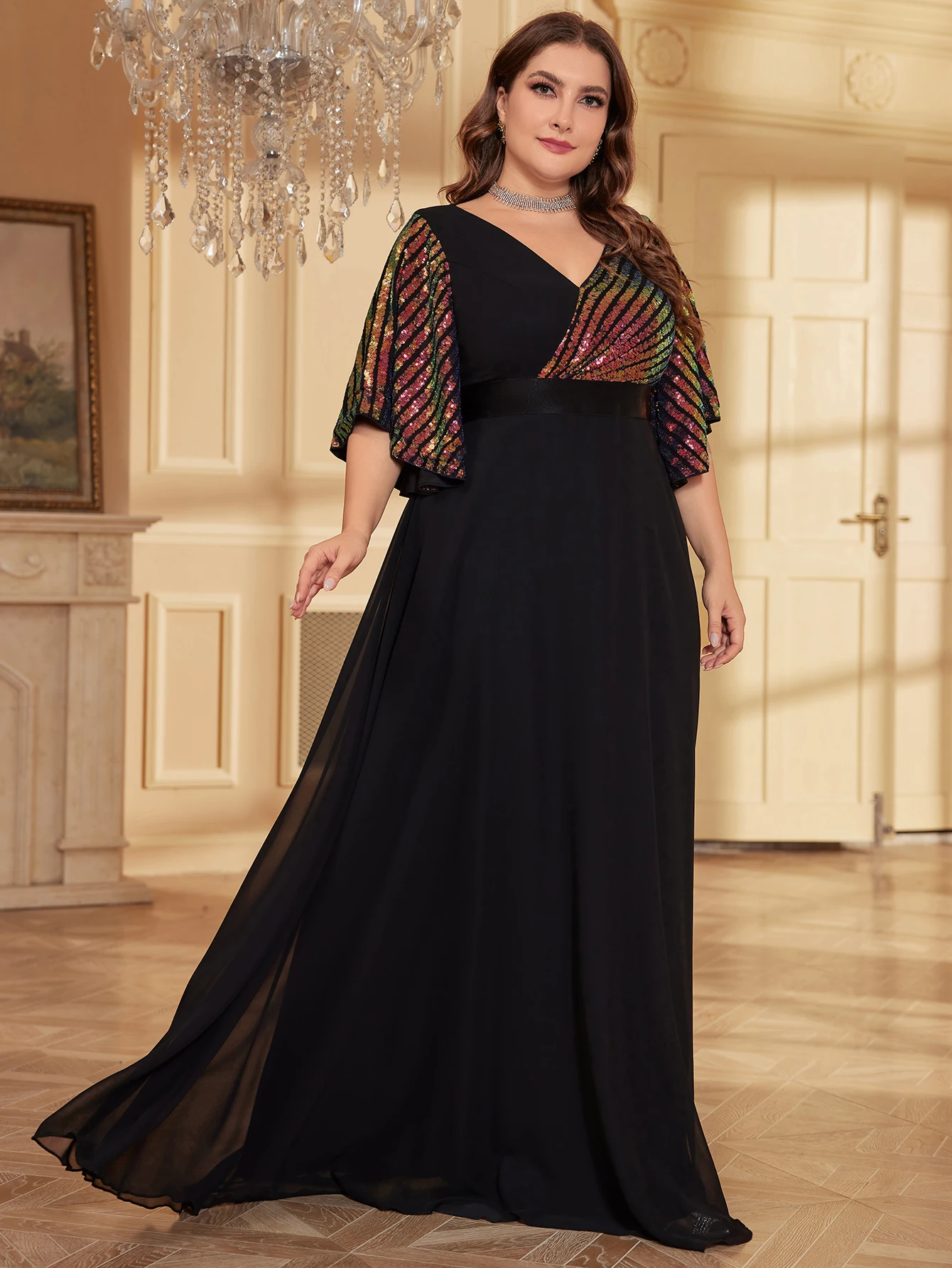 فستان سهرة رسمي نسائي ، كم زهور ، ترتر لامع ، شيفون مرقع ، بطول الأرض ، مقاس كبير #5