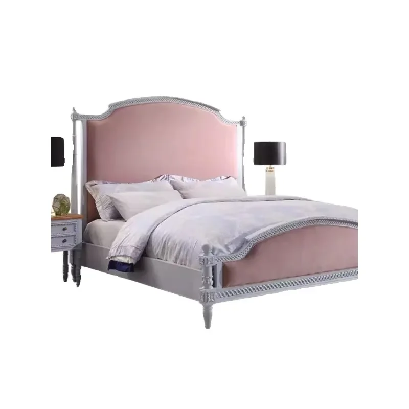 Retro pink fabric double bed imported solid wood flannel master bedroom large bed American high-end princess wedding bed