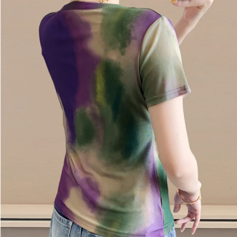 2026 New European Women's Clothing T-shirt Fashion Geometry Printed Mesh Tee Summer Short Sleeve V-neck Slim Top Female