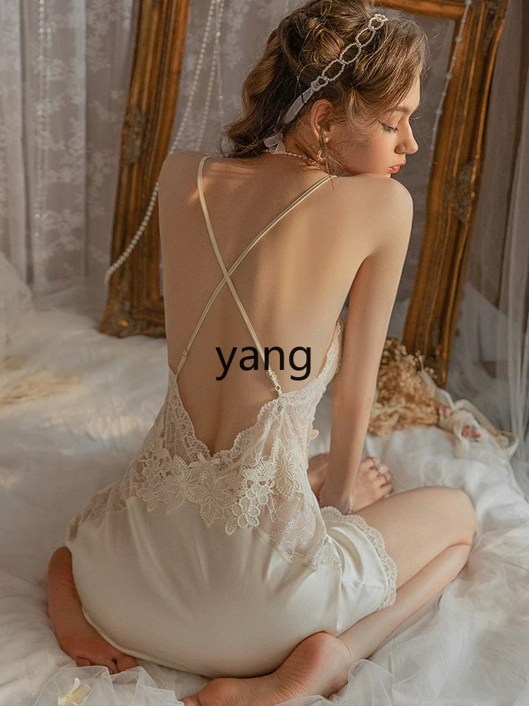 LMM summer French small chest with chest pad ice silk lace suspender nightdress