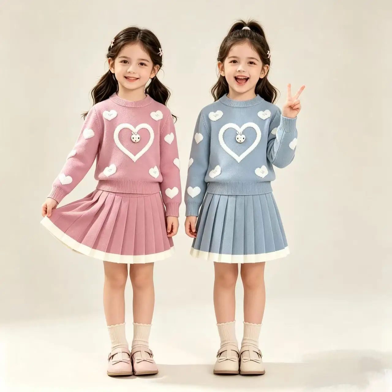 Korean Version Autumn and Winter New Sweet and Cute Love Printed Sweater Set, Long Sleeved Pullover+pleated Skirt