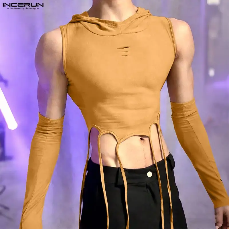 INCERUN Men Irregular Tank Tops Solid Color Hooded Tassel Male Vests With Arm Sleeves Summer Streetwear Casual Men Clothes 2026
