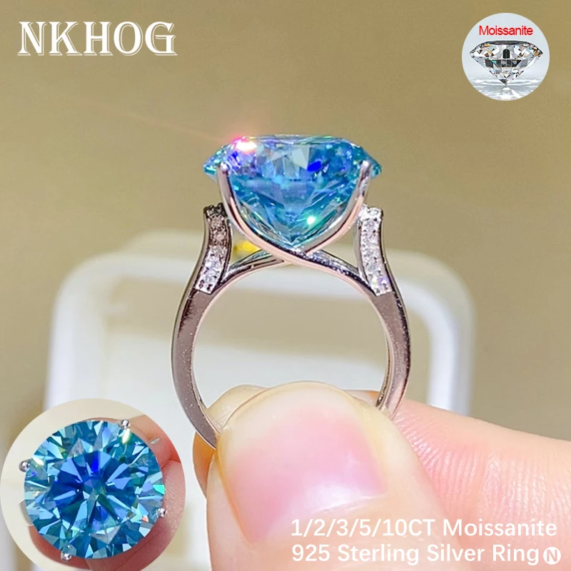 

NKHOG 1/2/3/5/10CT Blue Moissanite Ring S925 Sterling Silver Women Sparkling Sapphire Wedding Band Rings Gifts Fine Jewelry GRA