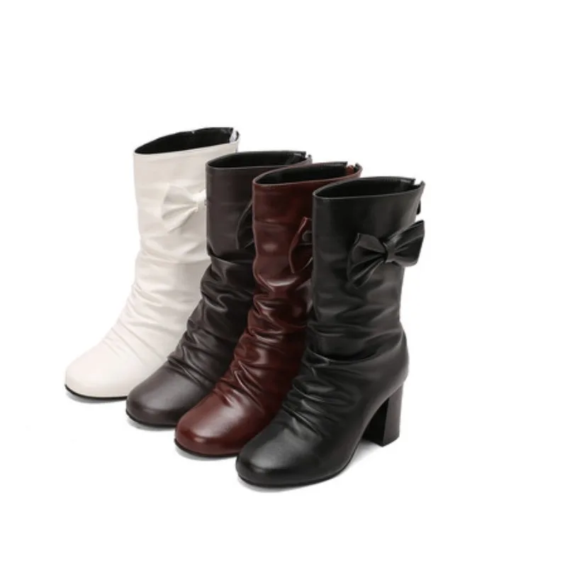 

Дизайнерские женские сапоги до середины икры с круглым носком на массивном каблуке, на молнии и бантом, большой размер 46, 47, 48, модные женские ботильоны для свиданий
