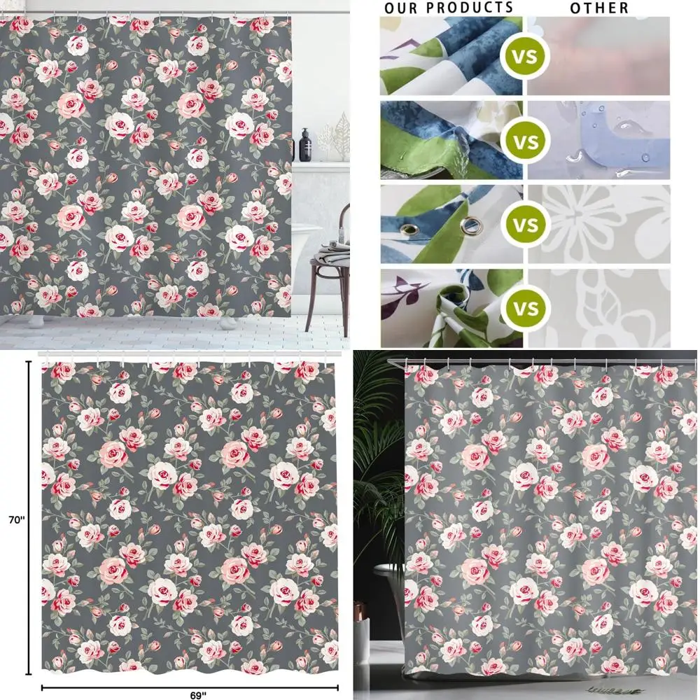 elegante cortina de ducha floral vintage con arbustos de rosas rústicos y tallos de hojas para un aspecto clásico de campo