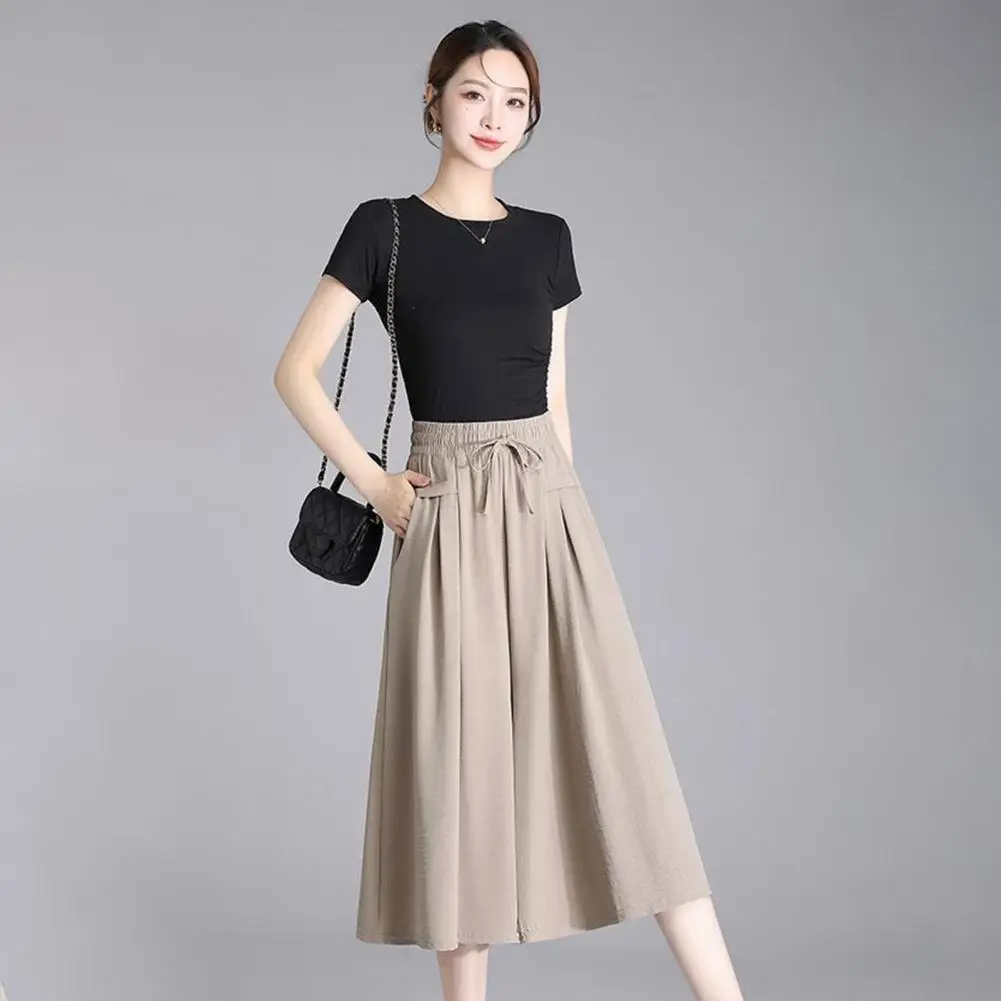 Wide-leg Cropped Trousers Stylish Women's High Waist Wide Leg Cropped Pants with Adjustable Lace-up Detail Pockets for Casual