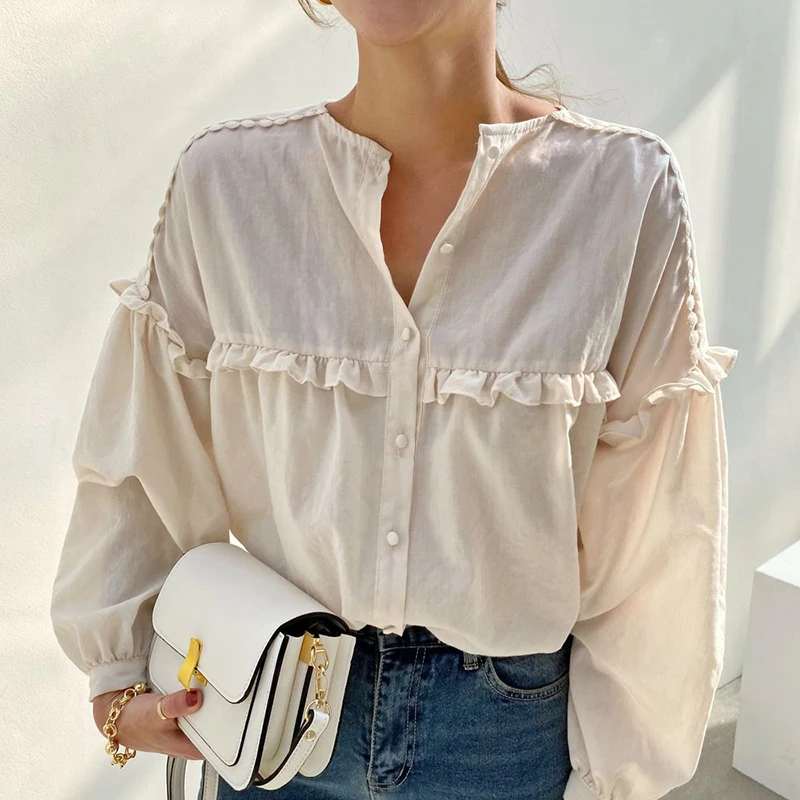 

Chic Sweet Pink Long Sve irt round Ne Single Button Pleated Splice Wooden Ear Loose Match All Korean Sle Casual irt
