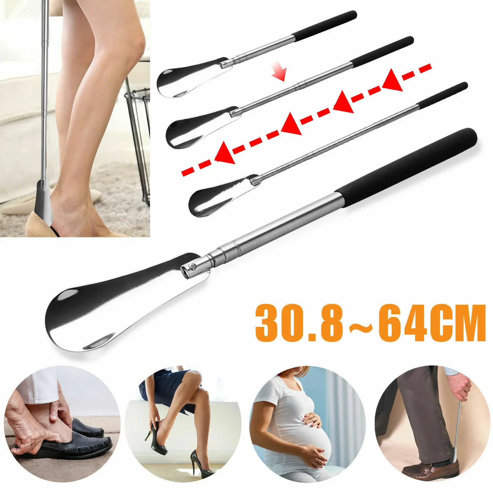 Adjustable Long Handle Shoe Horn for Seniors Extendable 16 to 31 Inches Stainless Steel Telescopic Shoe Aid for Men Women