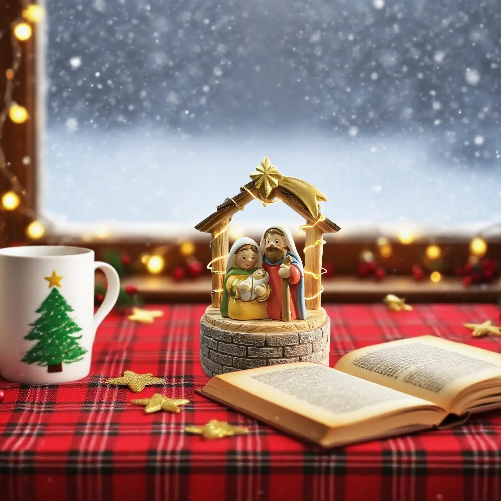 Christmas Nativity Scene with LED Light Cute Christmas Decorations Holy Family Nativity Scene Figurines for Table Shelf