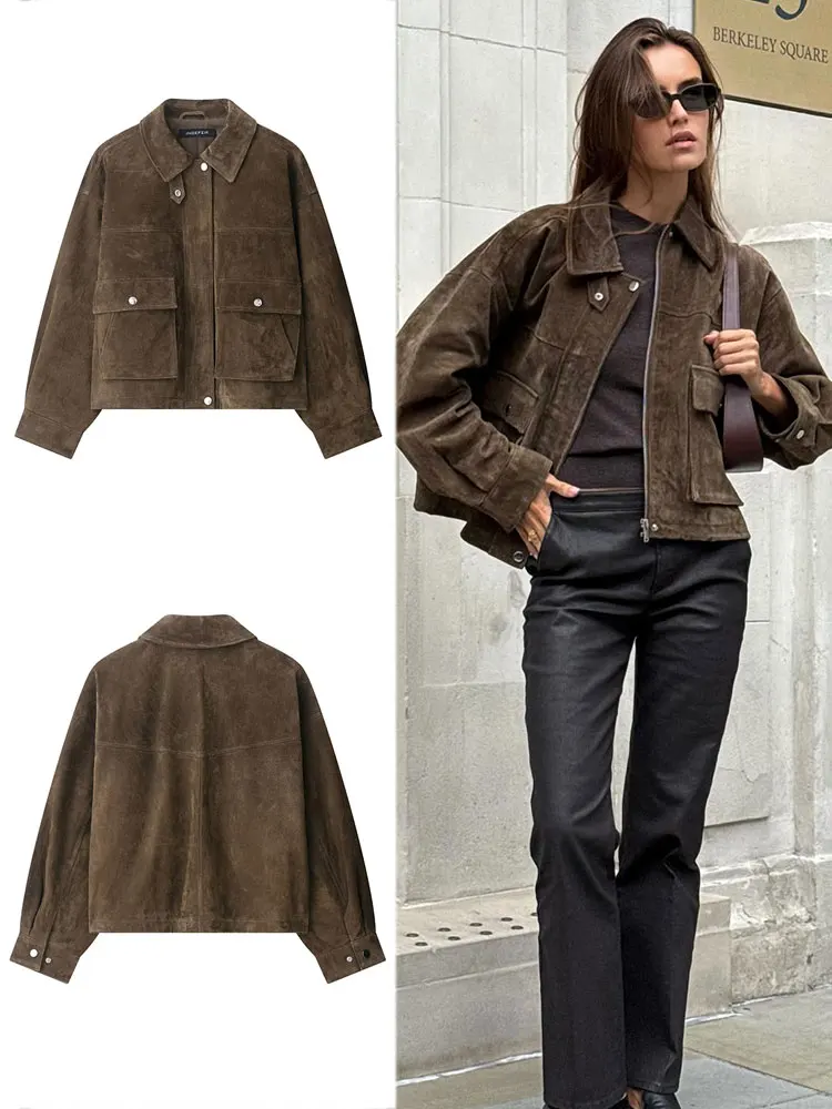 

TRAFZA Women Vintage Solid Lapel Coats Long Sleeve Zipper Jacket With Pockets 2025 Autumn Fashion Lady High Street Lady Outwear