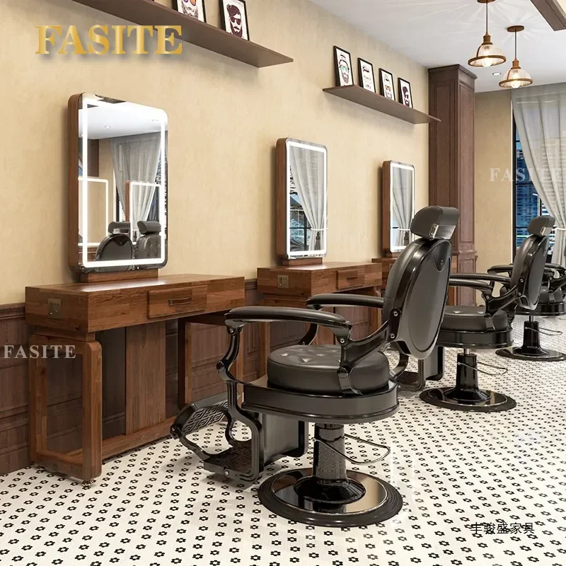 For Hair Retro Wooden Mirror Table Barber Shop Perm Dyeing Cabinet Integrated with Lamp Double Sided Styling Station