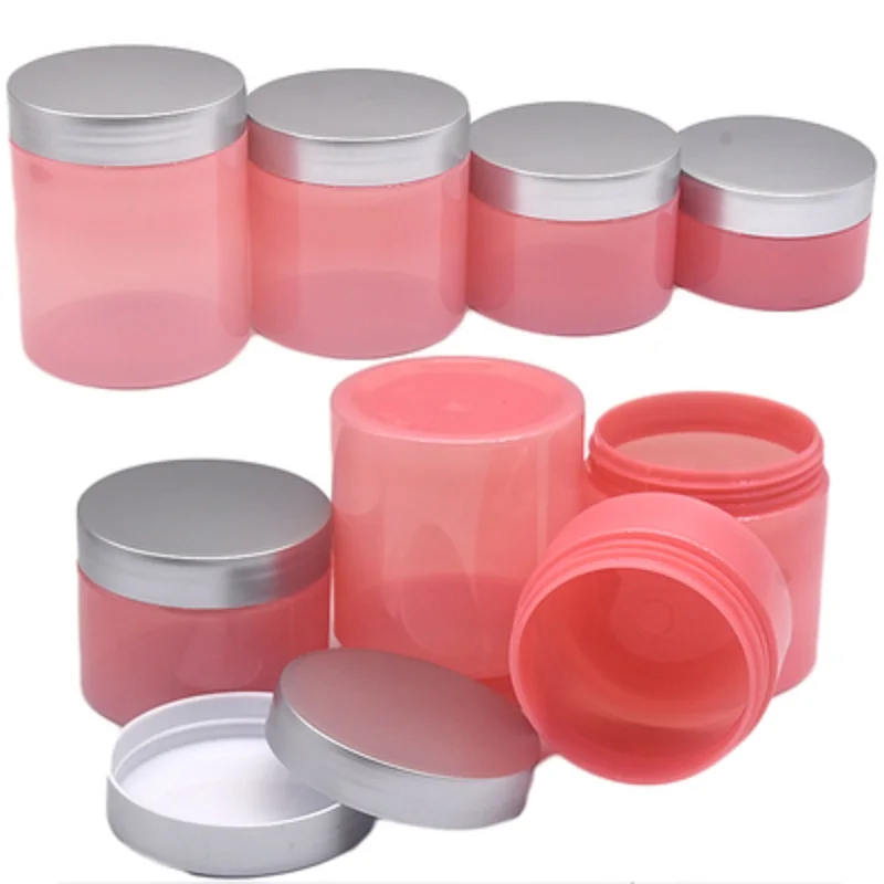 20Pcs Plastic Jar Pink Refillable Bottle Silver Lid 100G 150G 200G 250G Portable Empty Packaging Pots Containers For Cosmetics