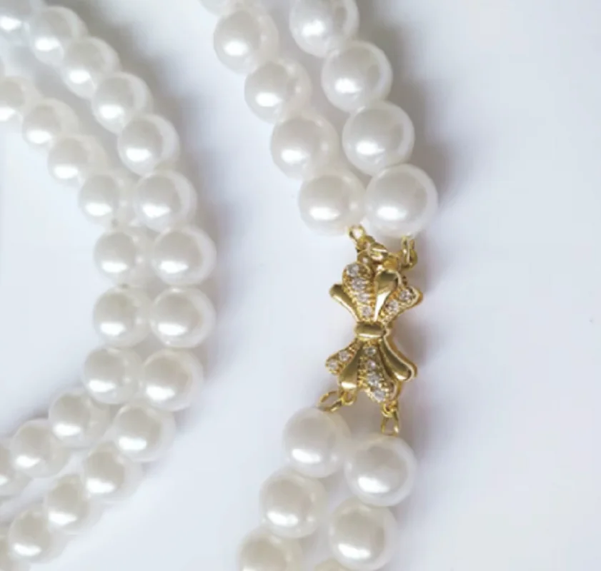 2-Row Bow Micro Inlaid Zirconium AAA 8-9mm South Sea White Pearl Necklace Bracelet Button 925s 18-20inch